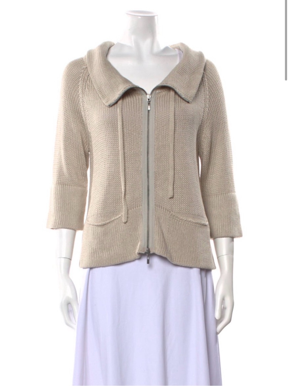 Theory Beige Zip-Front Knit Linen Sweater
